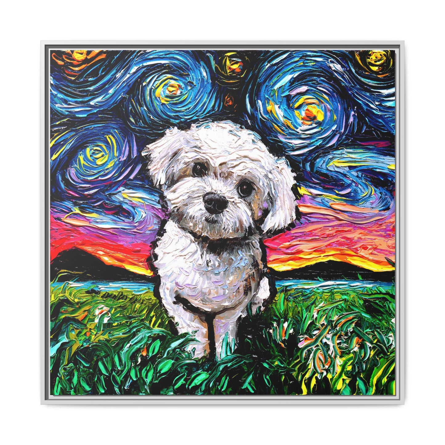 "Maltipoo Night" Framed Canvas Wall Art