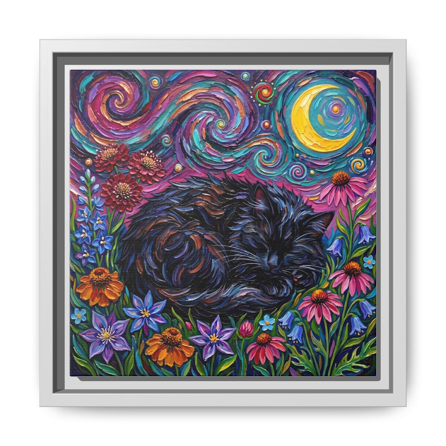 "Amongst The Flowers - Black Cat" Framed Canvas Wall Art