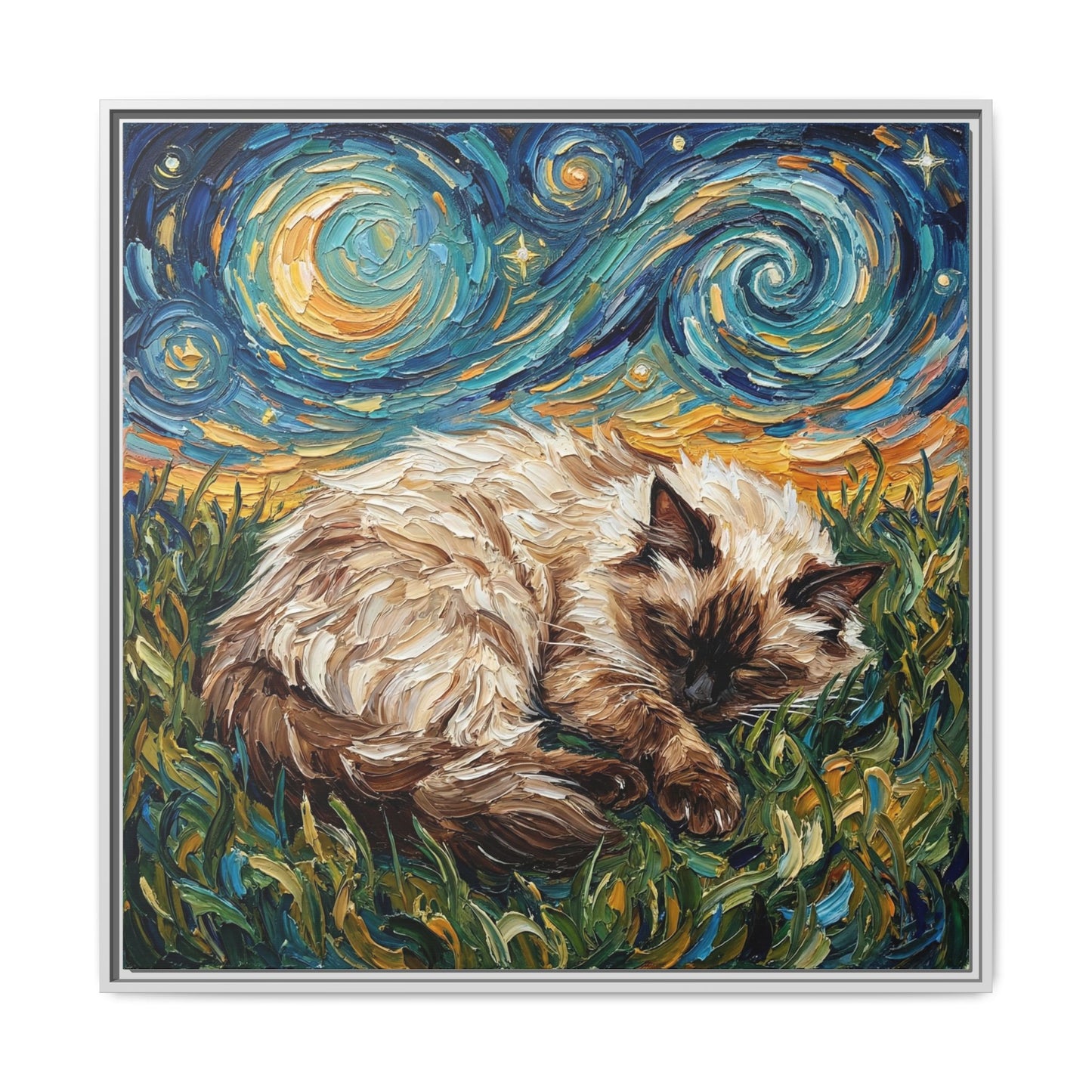 "Sleepy Himalayan Cat Night" Framed Canvas Wall Art