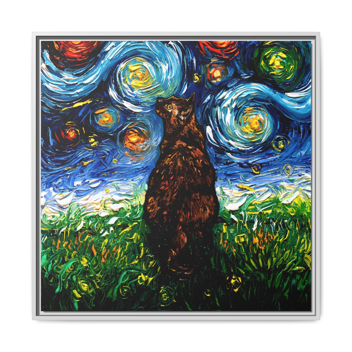 "Tortoiseshell Cat Night" Framed Canvas Wall Art