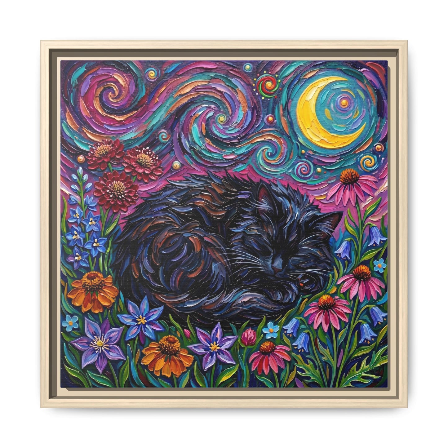 "Amongst The Flowers - Black Cat" Framed Canvas Wall Art