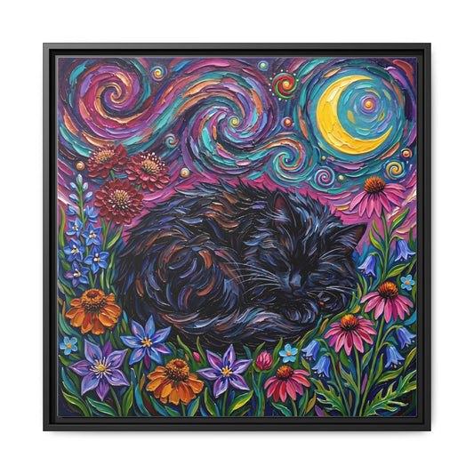"Amongst The Flowers - Black Cat" Framed Canvas Wall Art