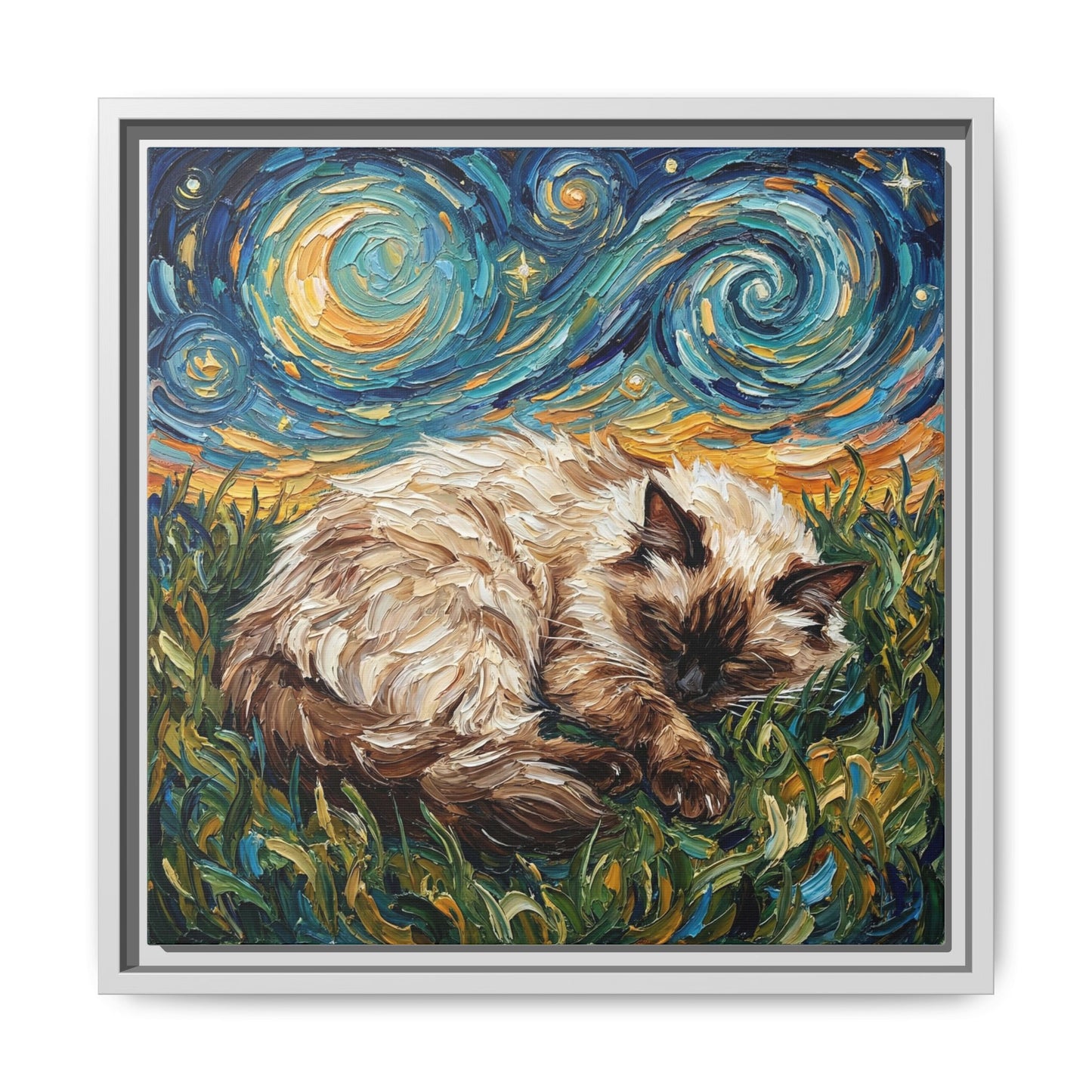 "Sleepy Himalayan Cat Night" Framed Canvas Wall Art