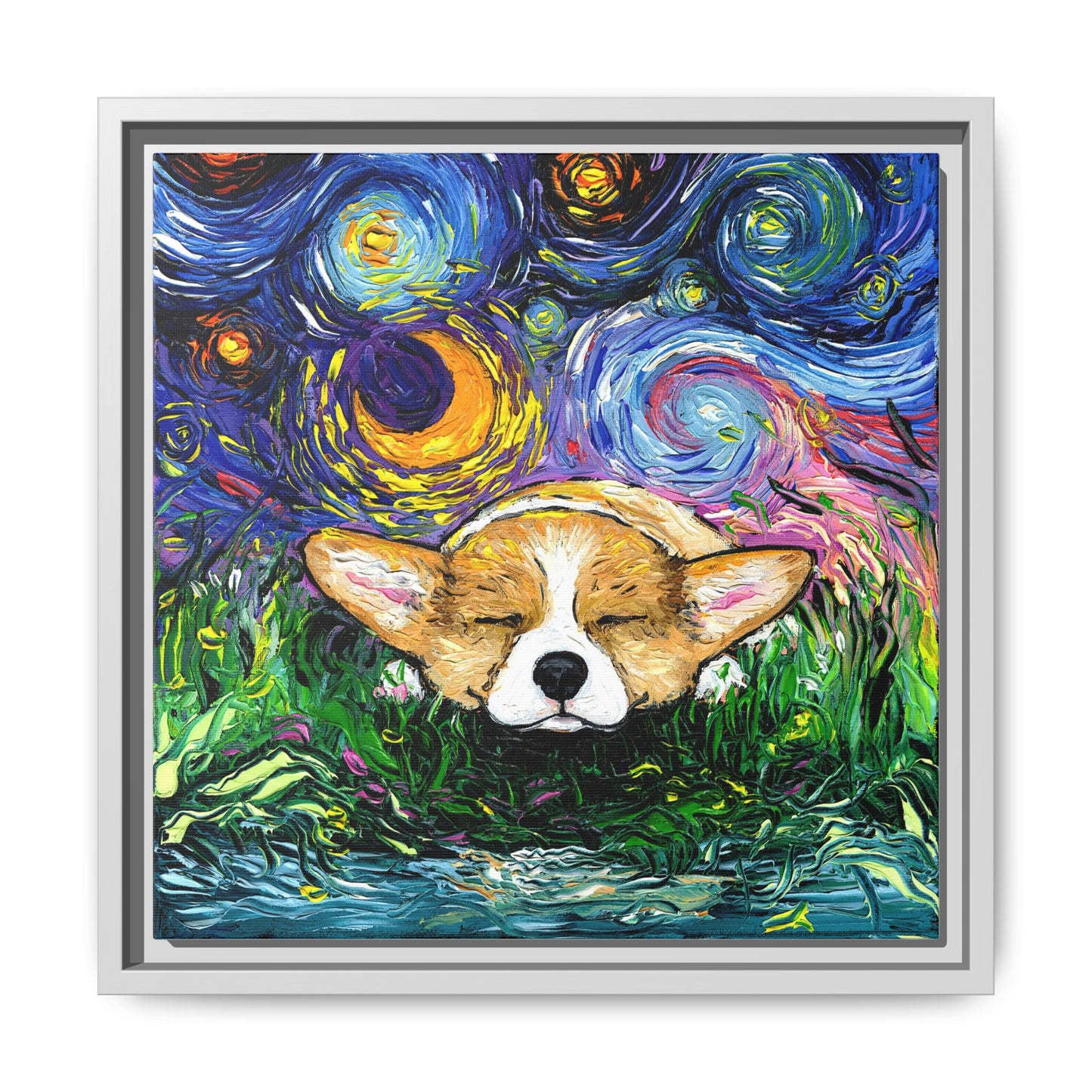 "Sleepy Corgi Night" Framed Canvas Wall Art