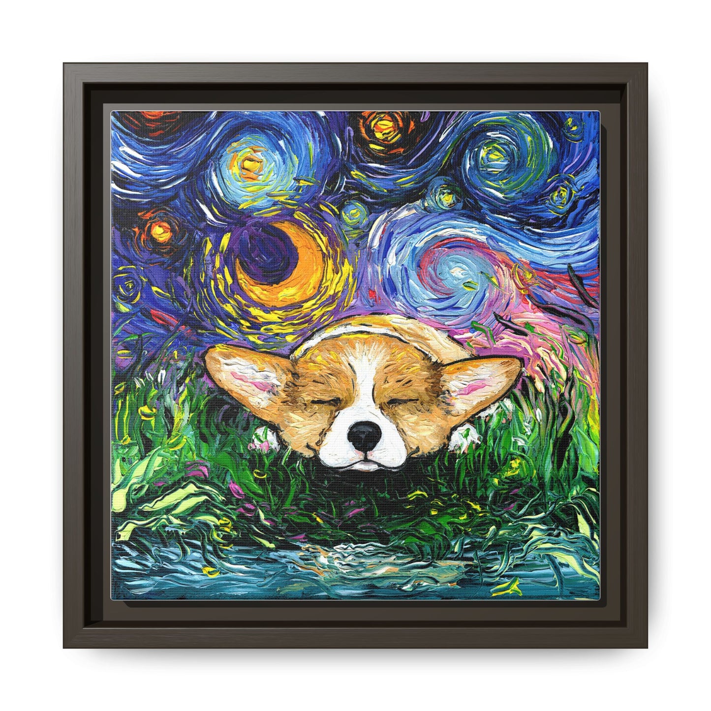 "Sleepy Corgi Night" Framed Canvas Wall Art