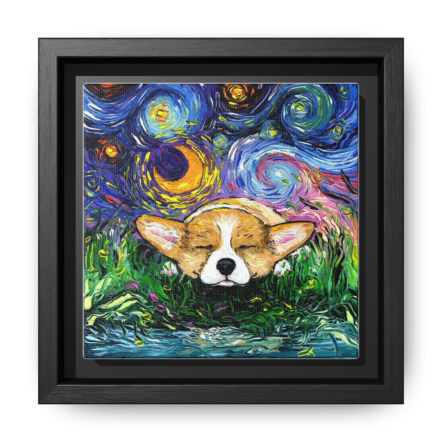 "Sleepy Corgi Night" Framed Canvas Wall Art