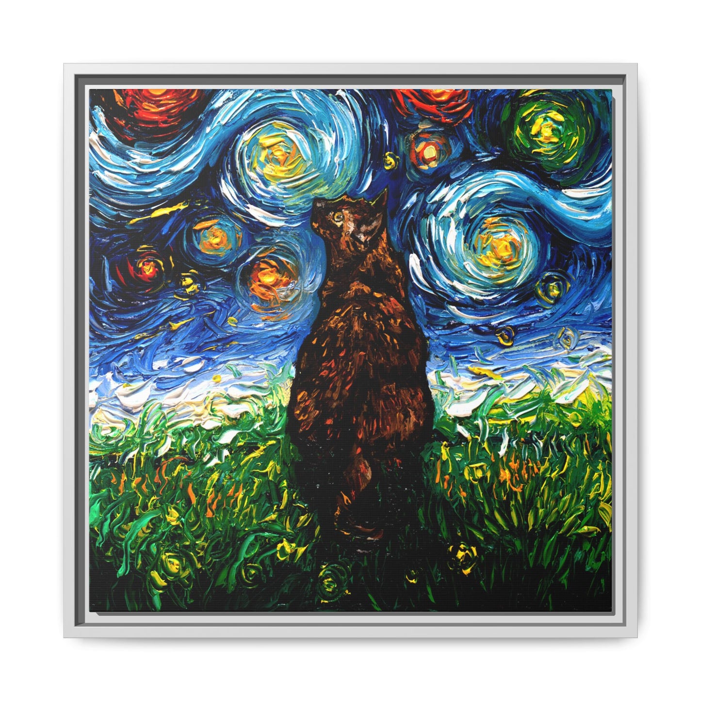 "Tortoiseshell Cat Night" Framed Canvas Wall Art