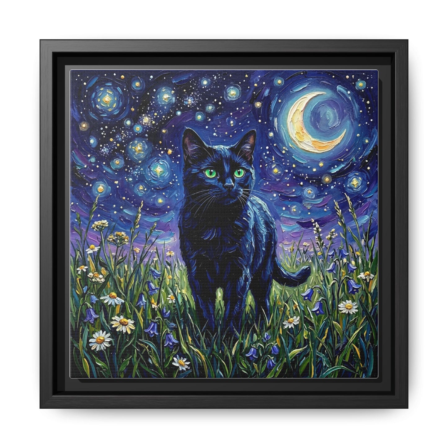 "Amongst The Flowers - Black Cat" Framed Canvas Wall Art