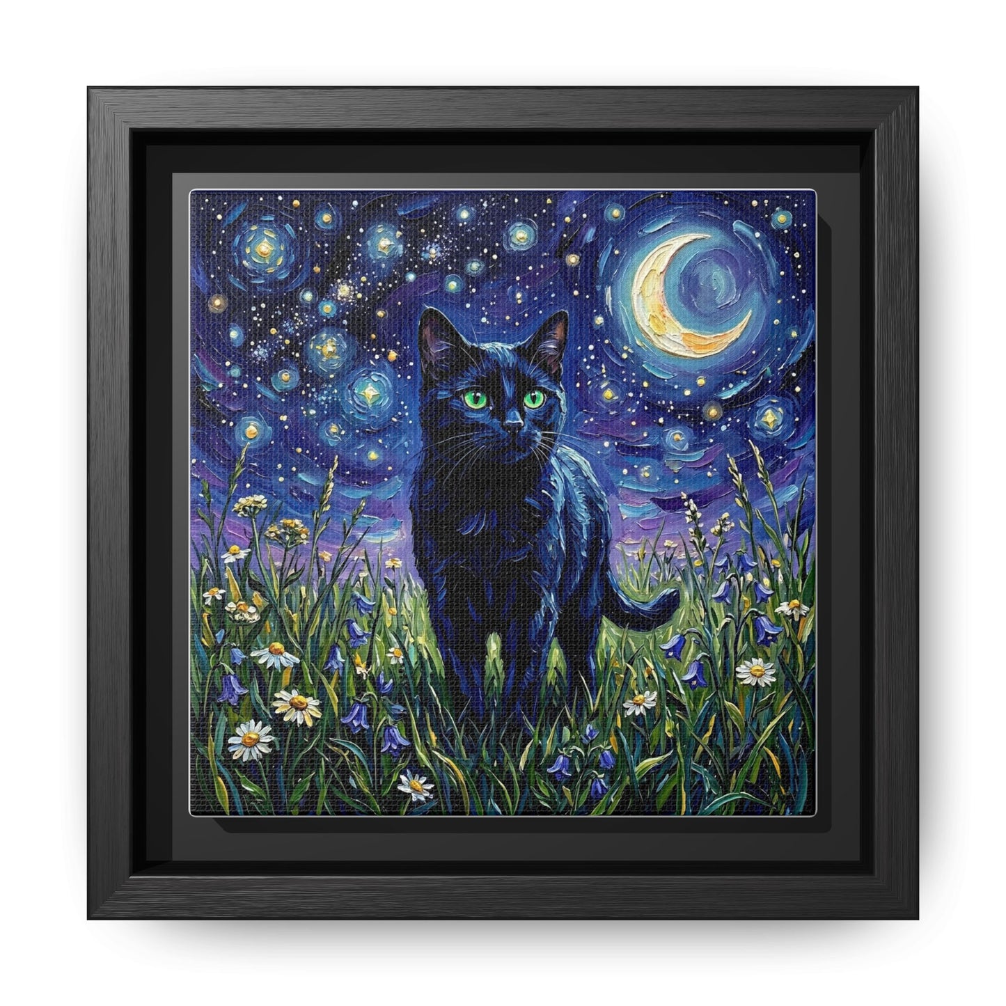 "Amongst The Flowers - Black Cat" Framed Canvas Wall Art
