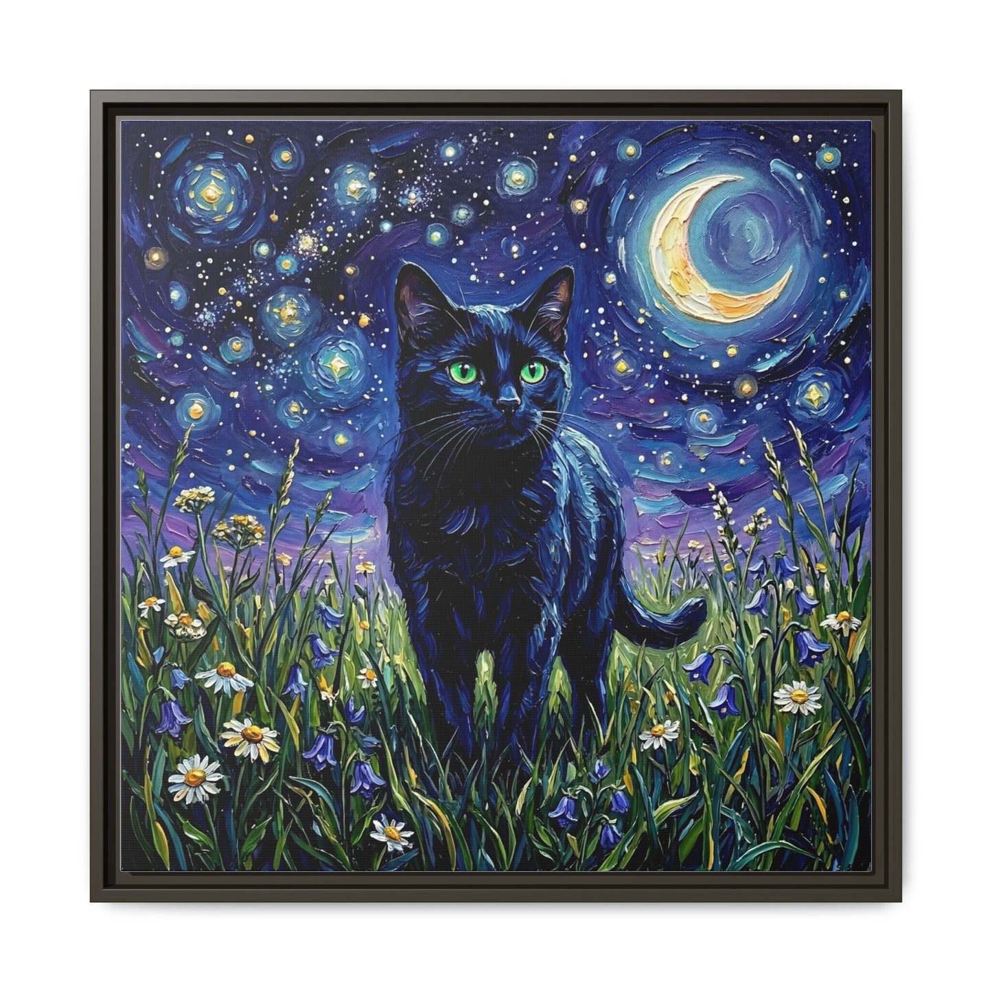 "Amongst The Flowers - Black Cat" Framed Canvas Wall Art