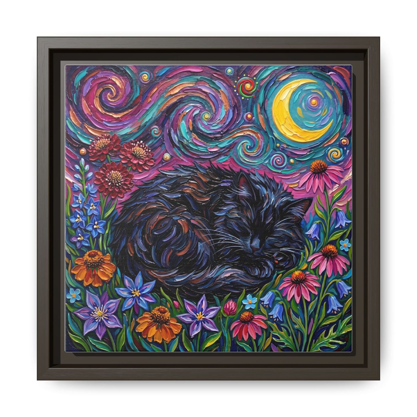 "Amongst The Flowers - Black Cat" Framed Canvas Wall Art