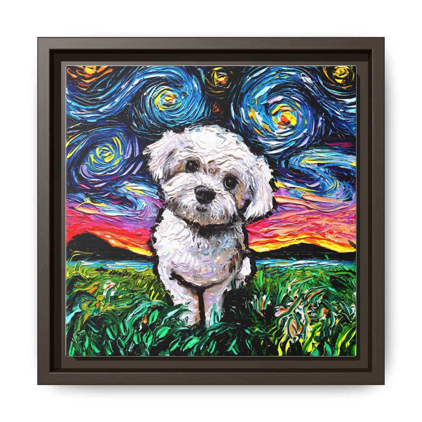 "Maltipoo Night" Framed Canvas Wall Art