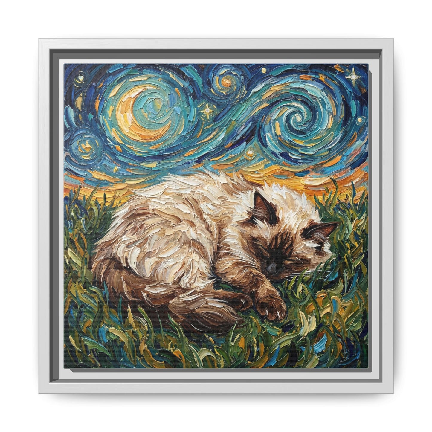 "Sleepy Himalayan Cat Night" Framed Canvas Wall Art