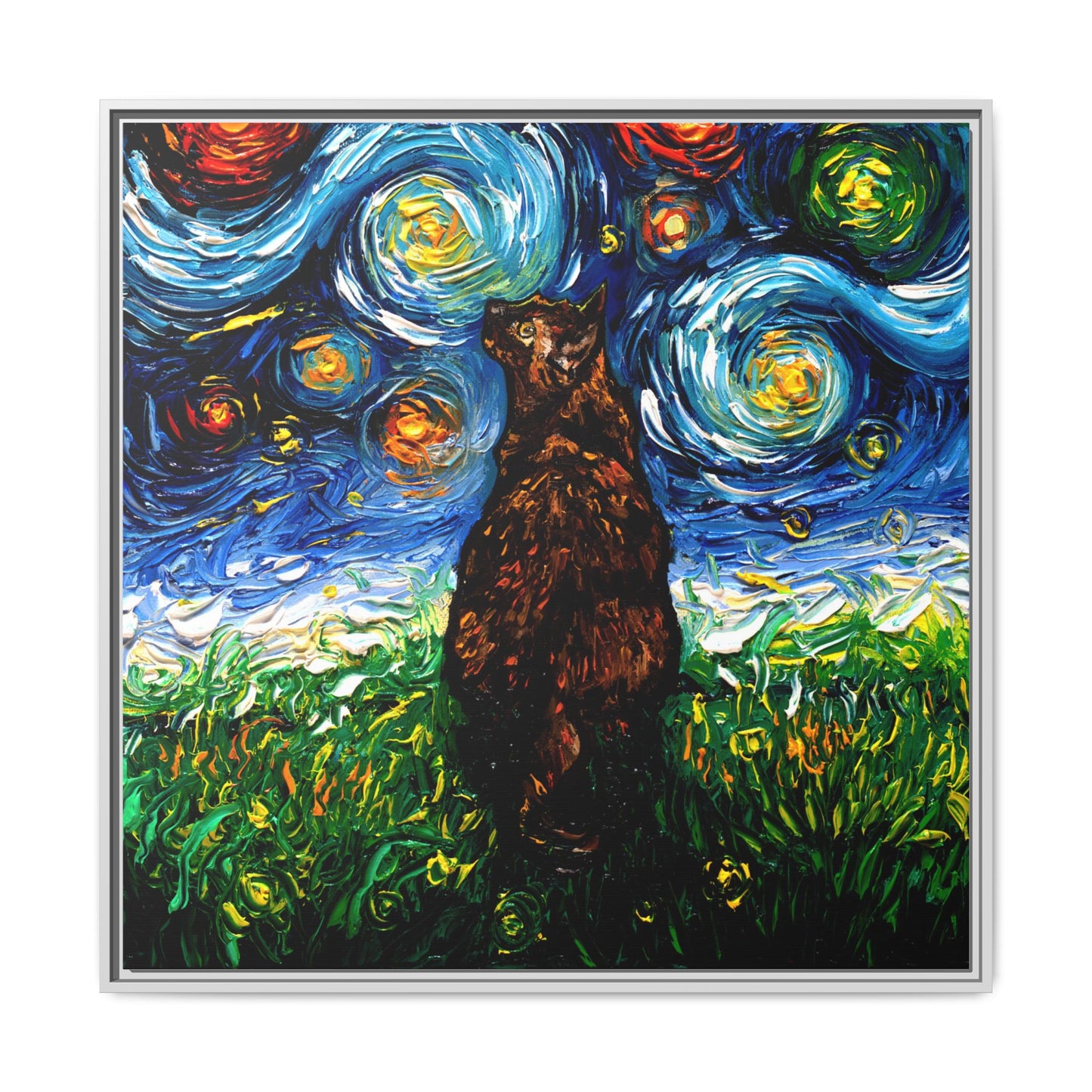 "Tortoiseshell Cat Night" Framed Canvas Wall Art