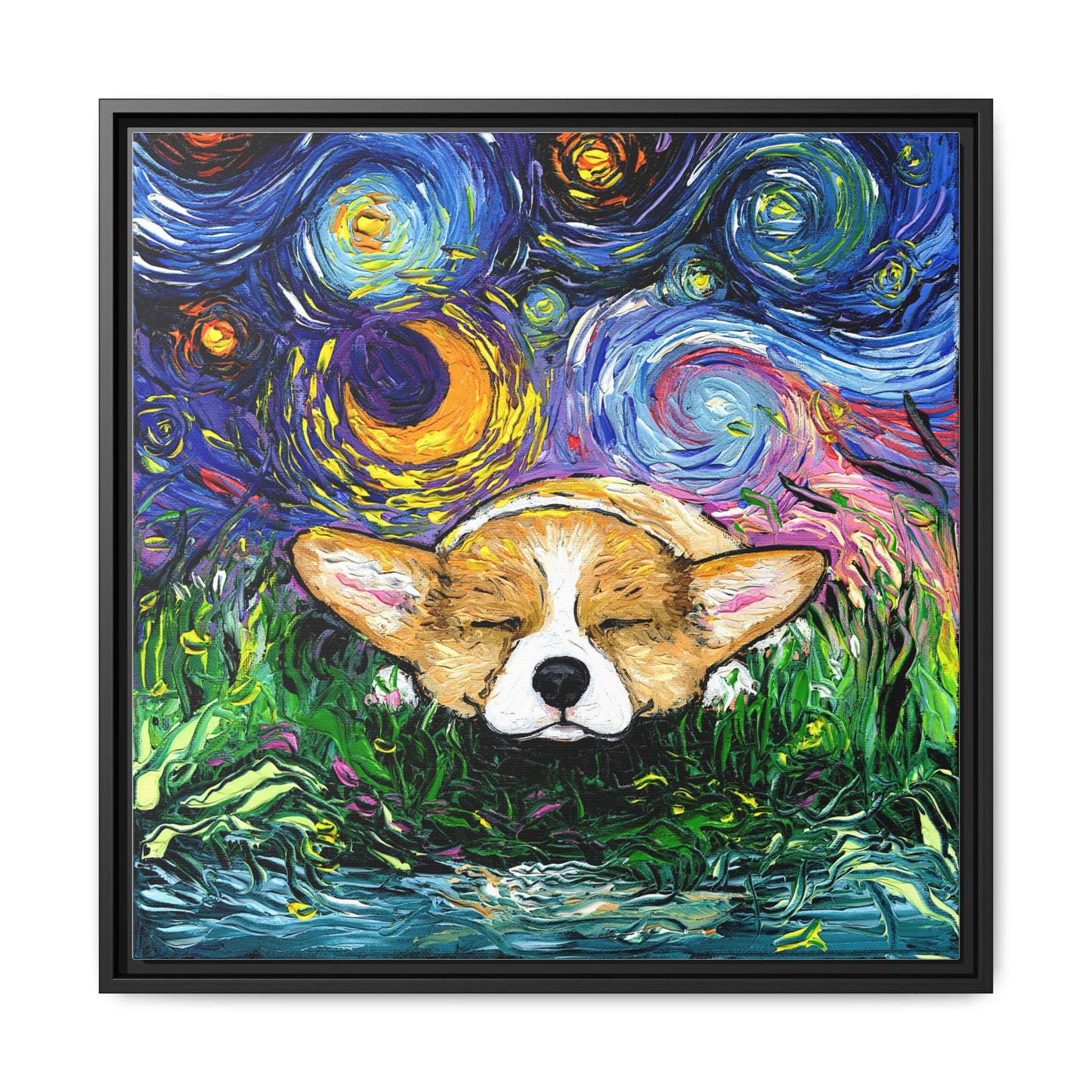 "Sleepy Corgi Night" Framed Canvas Wall Art
