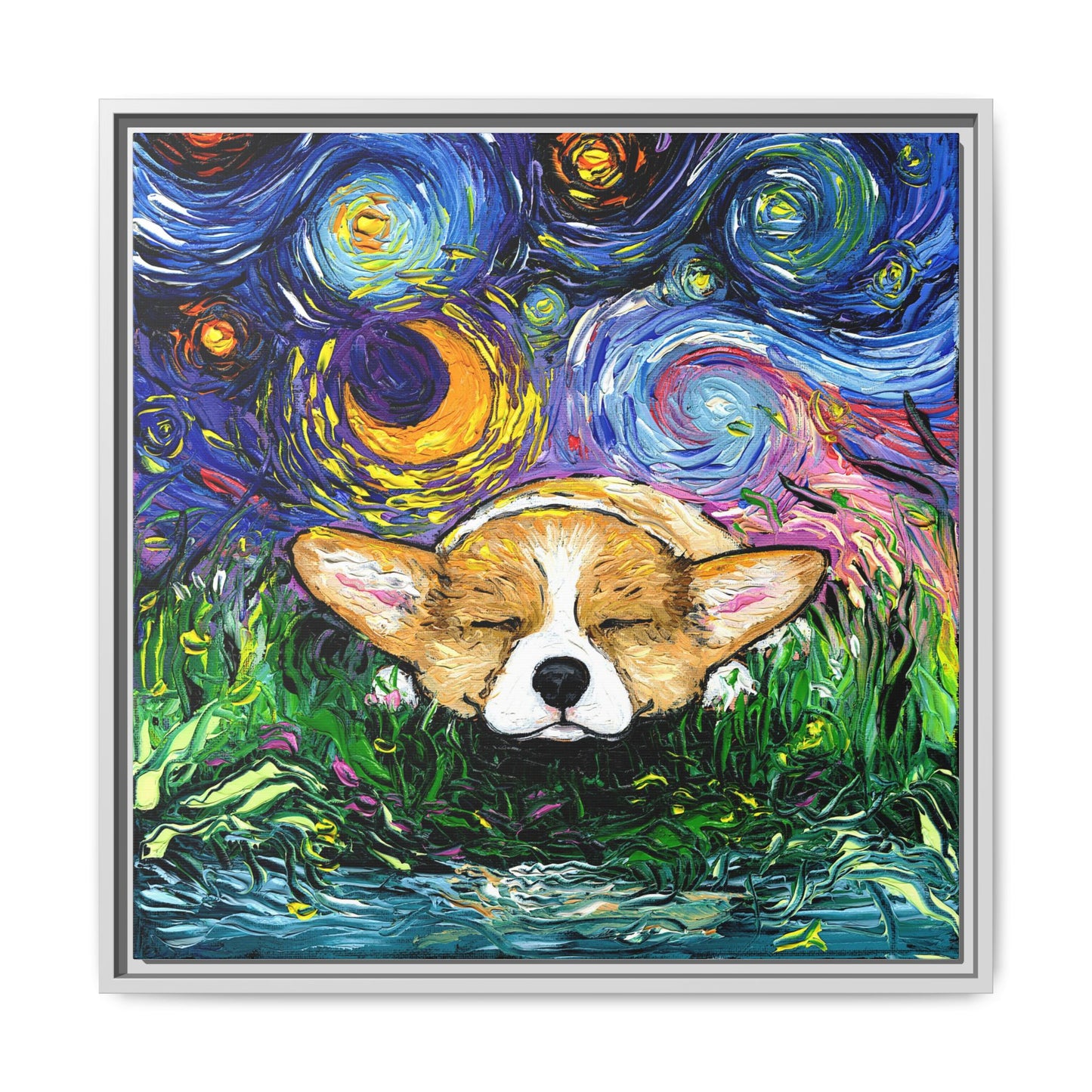 "Sleepy Corgi Night" Framed Canvas Wall Art