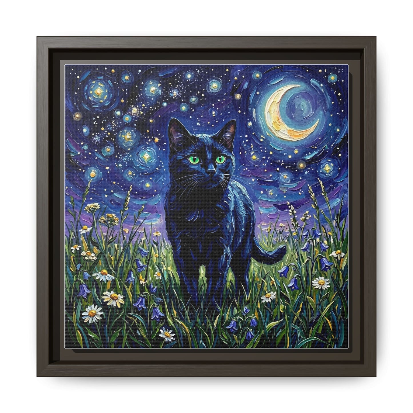 "Amongst The Flowers - Black Cat" Framed Canvas Wall Art