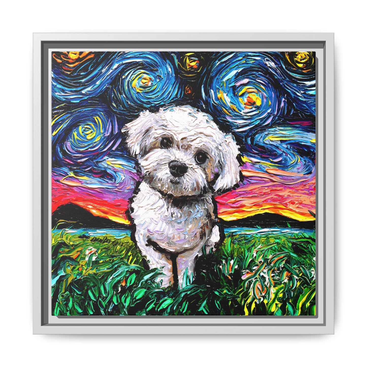 "Maltipoo Night" Framed Canvas Wall Art