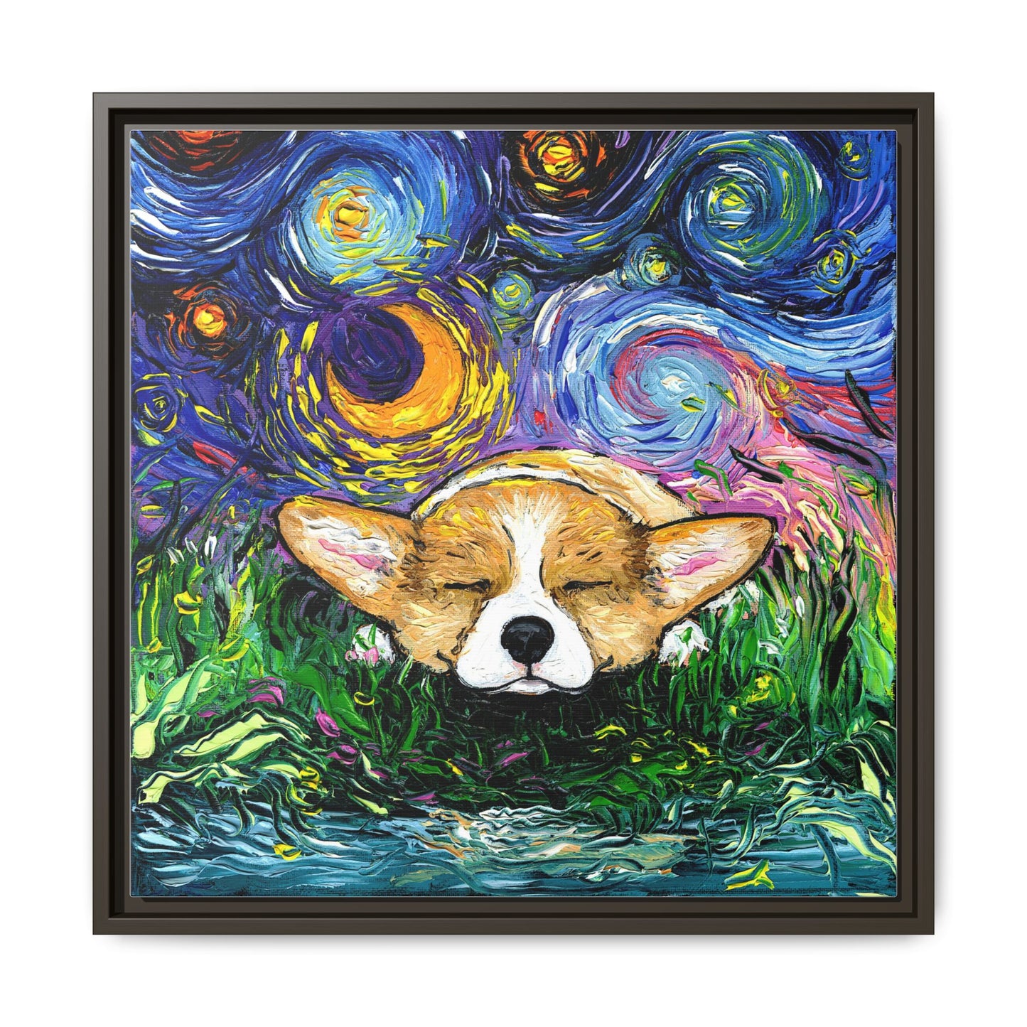 "Sleepy Corgi Night" Framed Canvas Wall Art