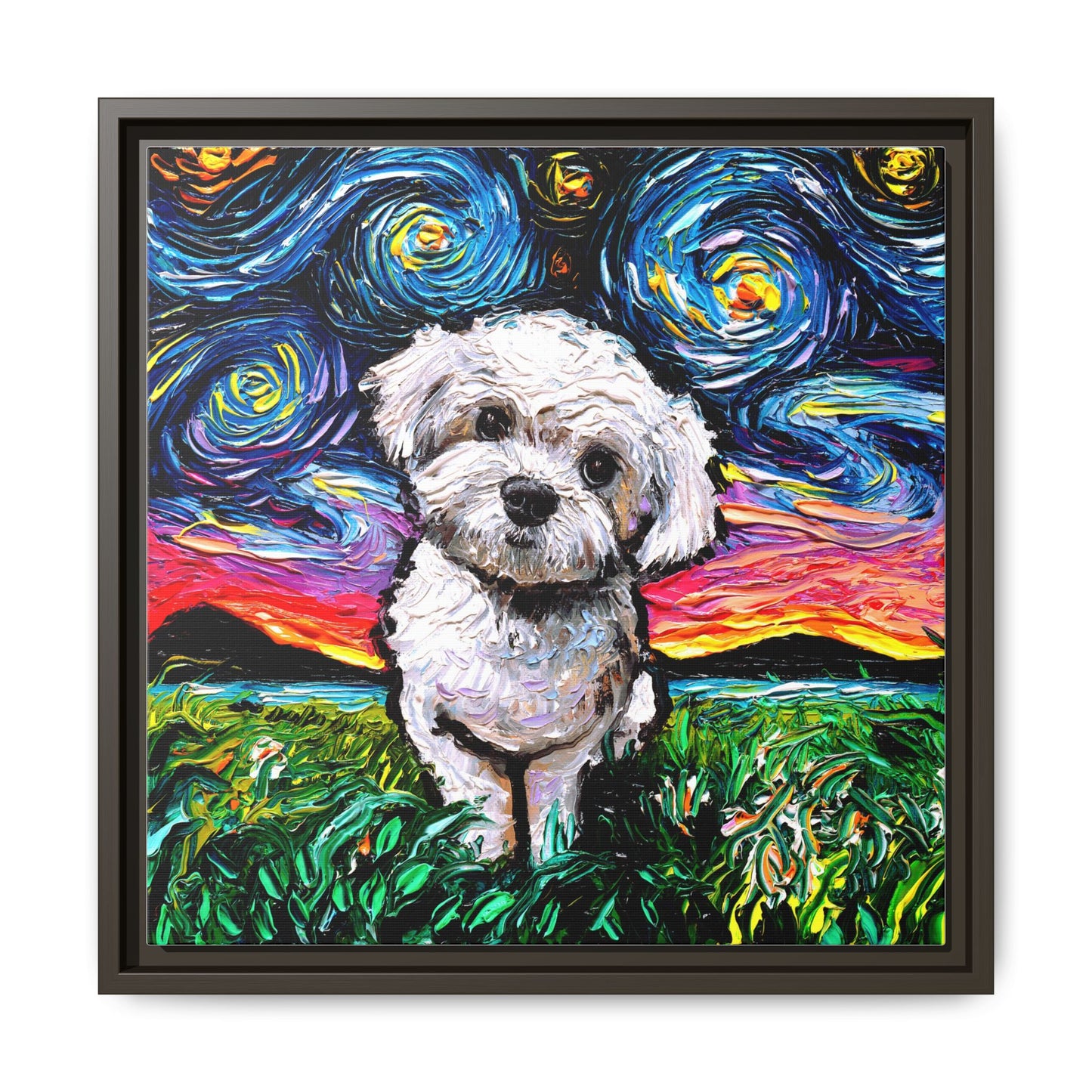 "Maltipoo Night" Framed Canvas Wall Art