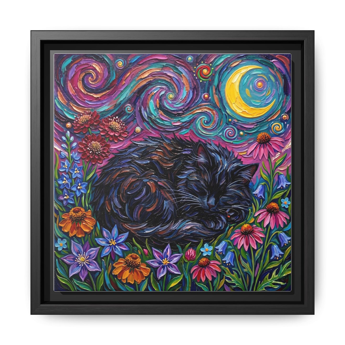 "Amongst The Flowers - Black Cat" Framed Canvas Wall Art