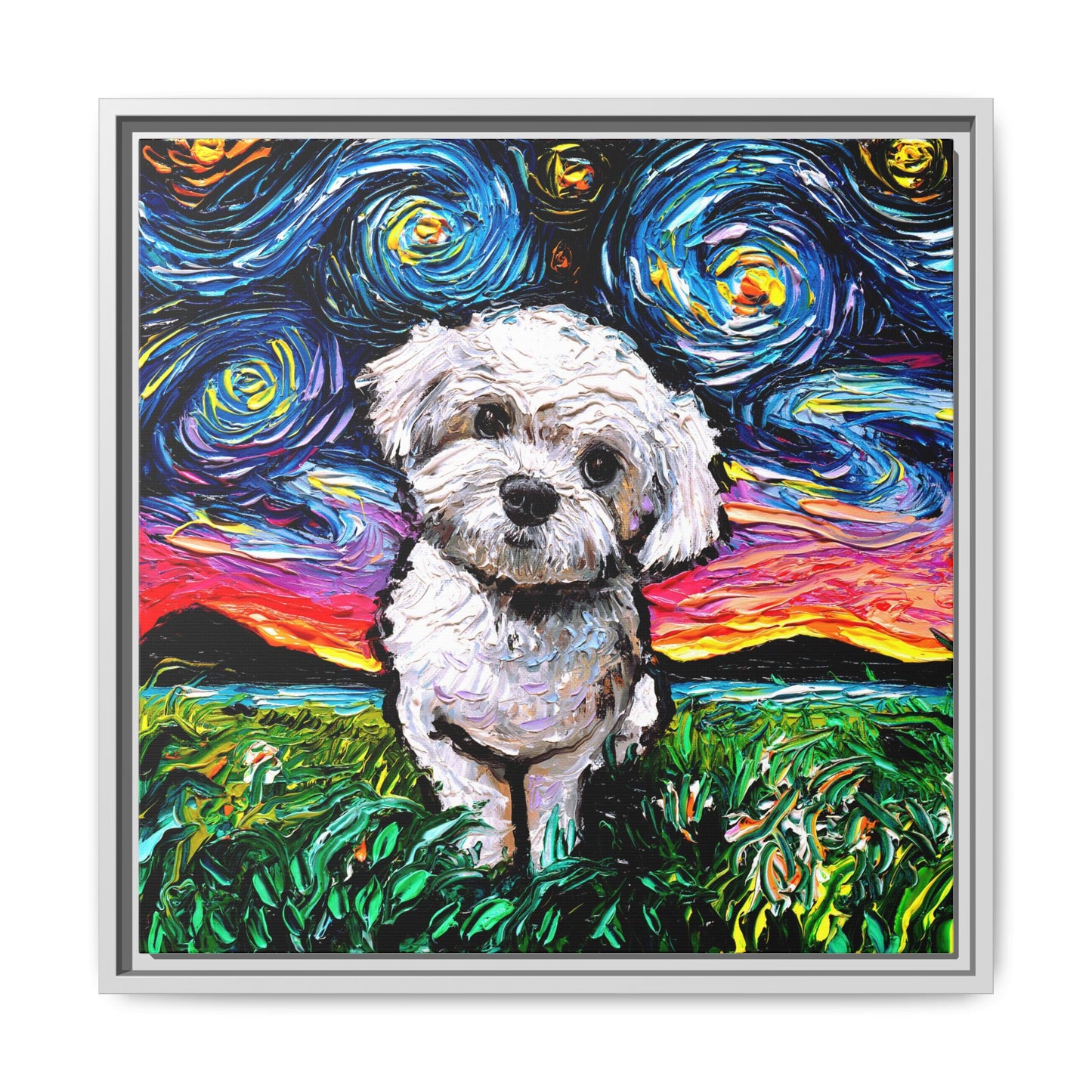 "Maltipoo Night" Framed Canvas Wall Art