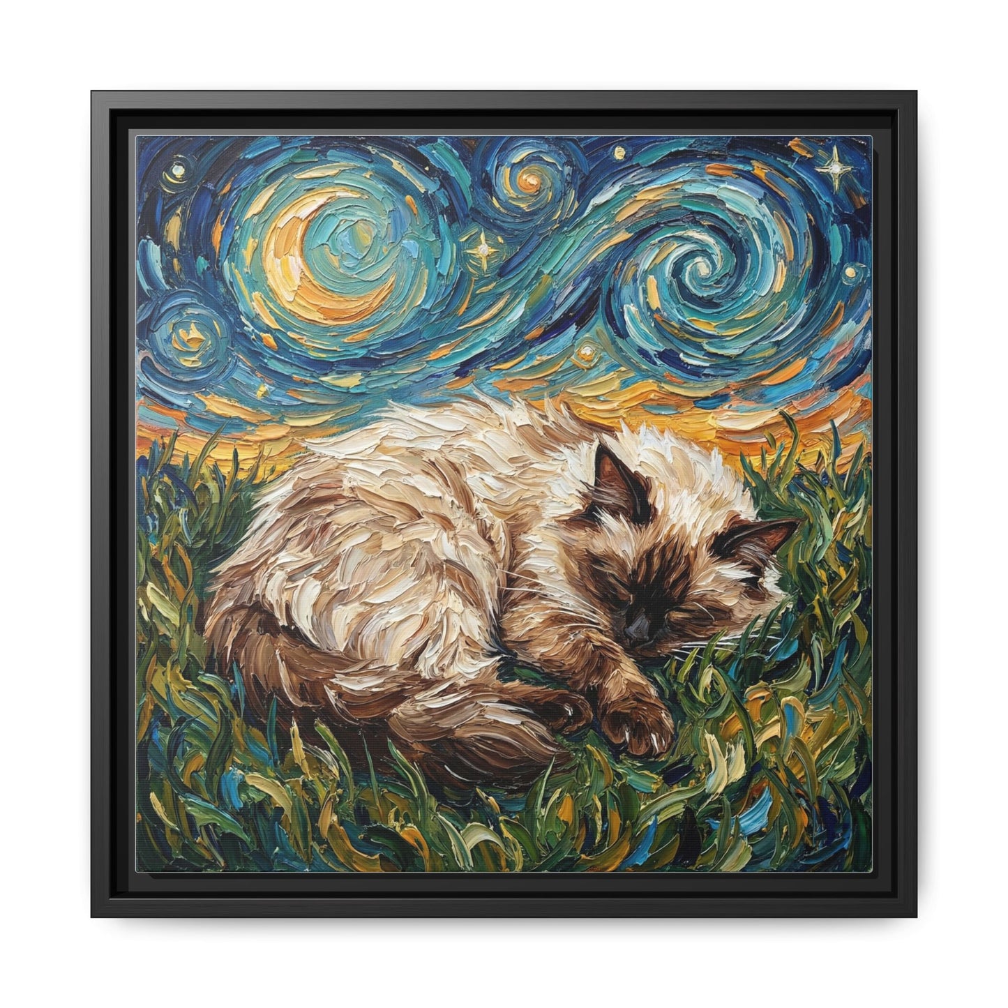 "Sleepy Himalayan Cat Night" Framed Canvas Wall Art