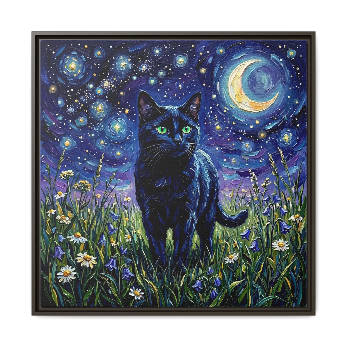 "Amongst The Flowers - Black Cat" Framed Canvas Wall Art