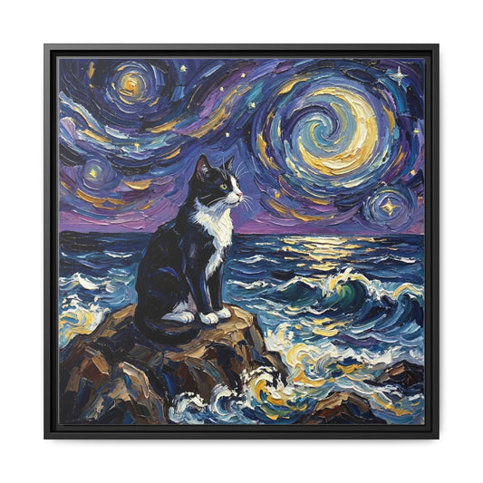 "Beach Night - Tuxedo Cat" Framed Canvas Wall Art