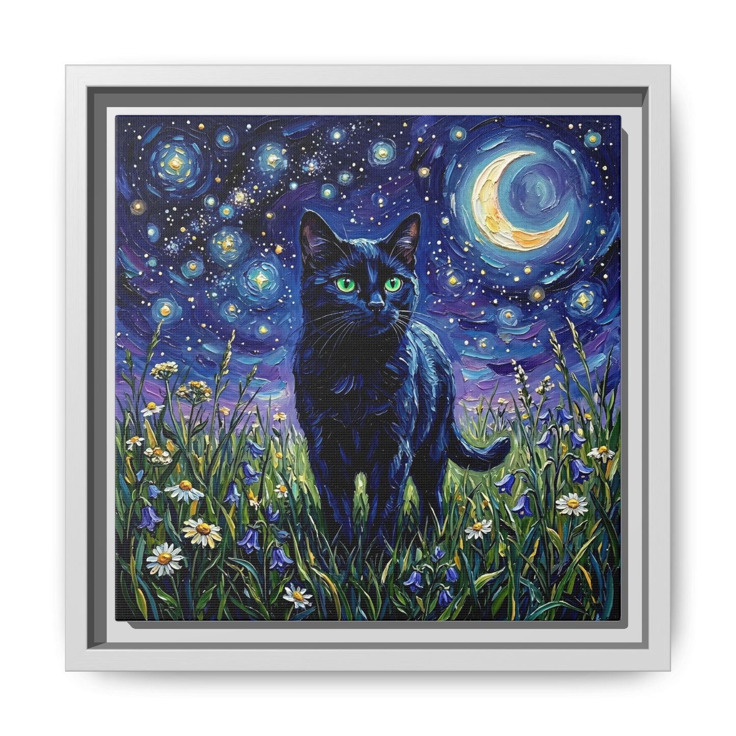 "Amongst The Flowers - Black Cat" Framed Canvas Wall Art