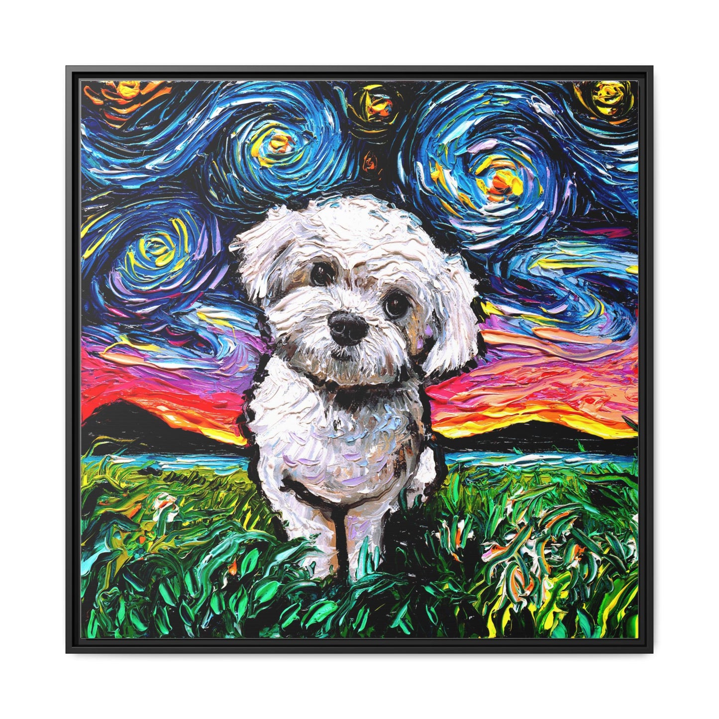 "Maltipoo Night" Framed Canvas Wall Art