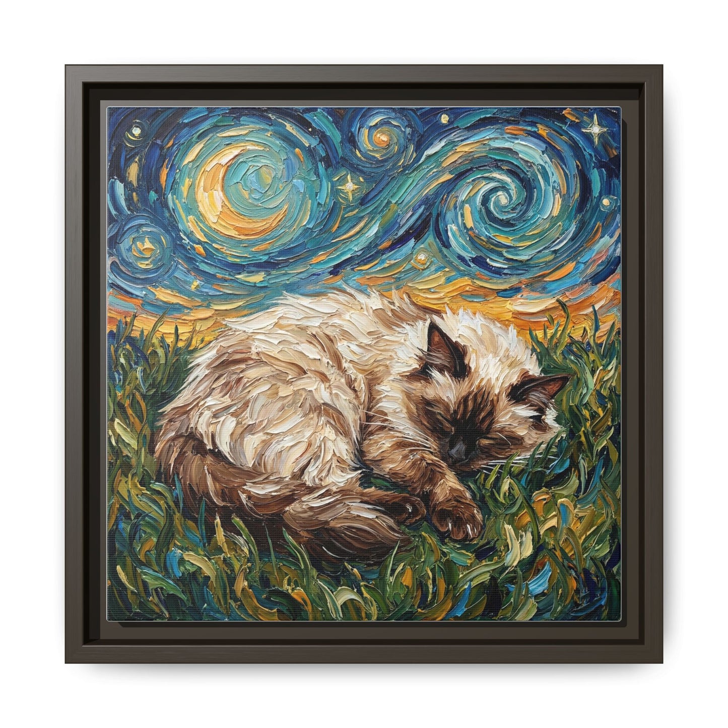 "Sleepy Himalayan Cat Night" Framed Canvas Wall Art