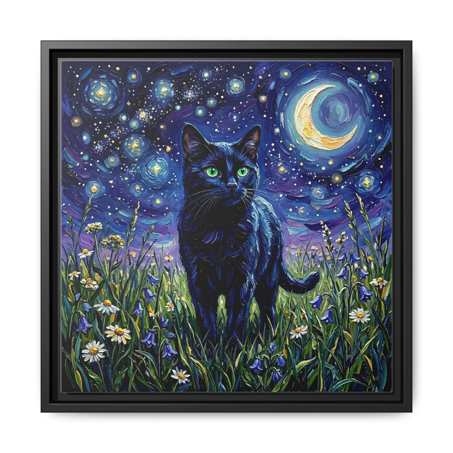 "Amongst The Flowers - Black Cat" Framed Canvas Wall Art