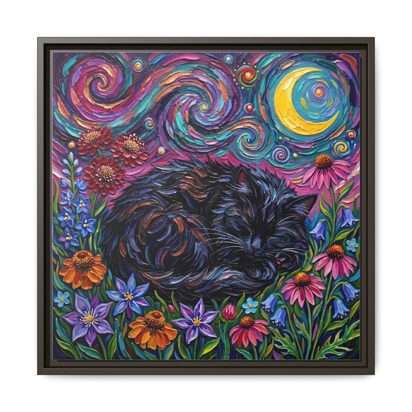 "Amongst The Flowers - Black Cat" Framed Canvas Wall Art