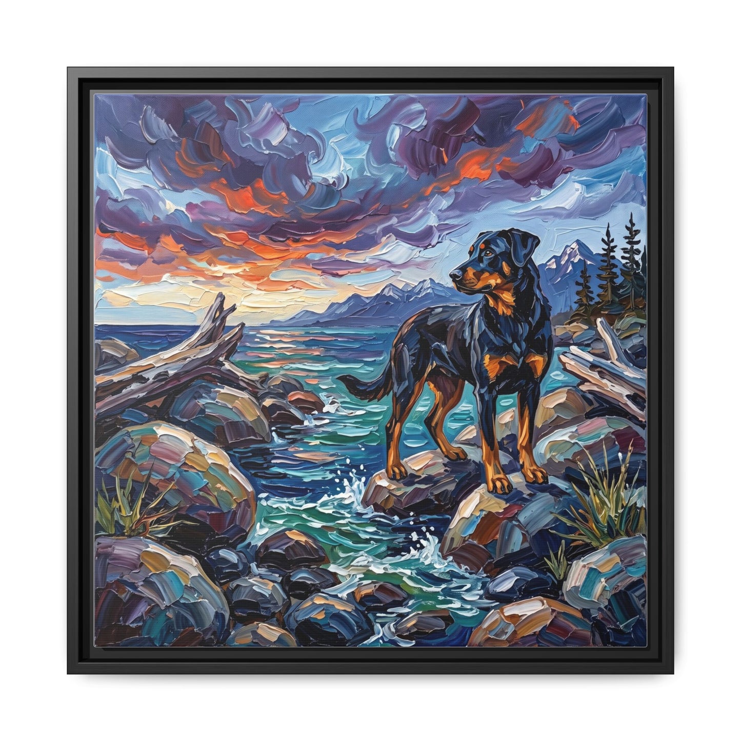 "Beach Day - Beauceron" Framed Canvas Wall Art