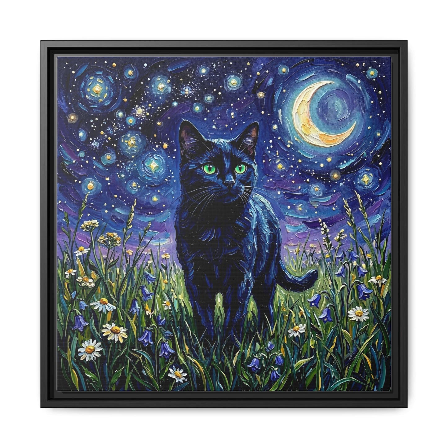 "Amongst The Flowers - Black Cat" Framed Canvas Wall Art
