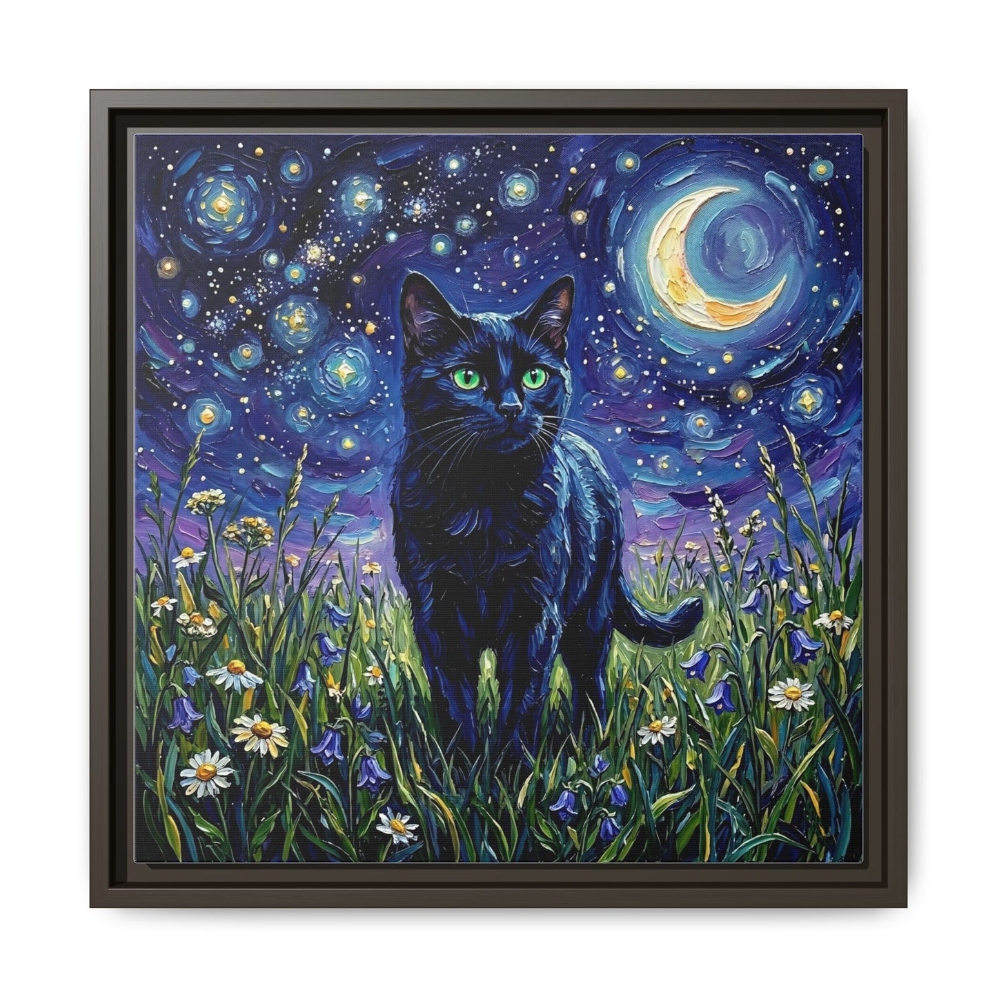 "Amongst The Flowers - Black Cat" Framed Canvas Wall Art