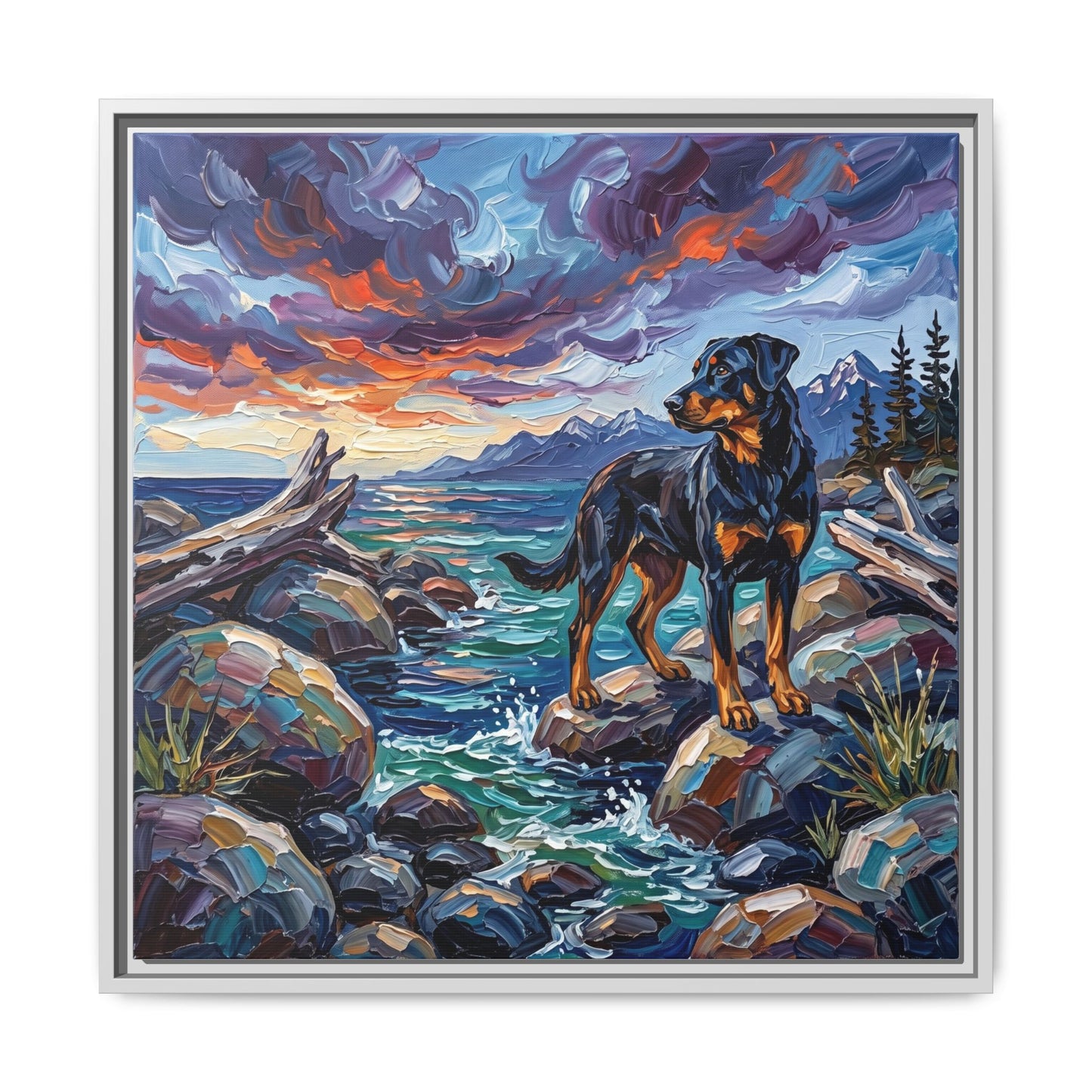"Beach Day - Beauceron" Framed Canvas Wall Art