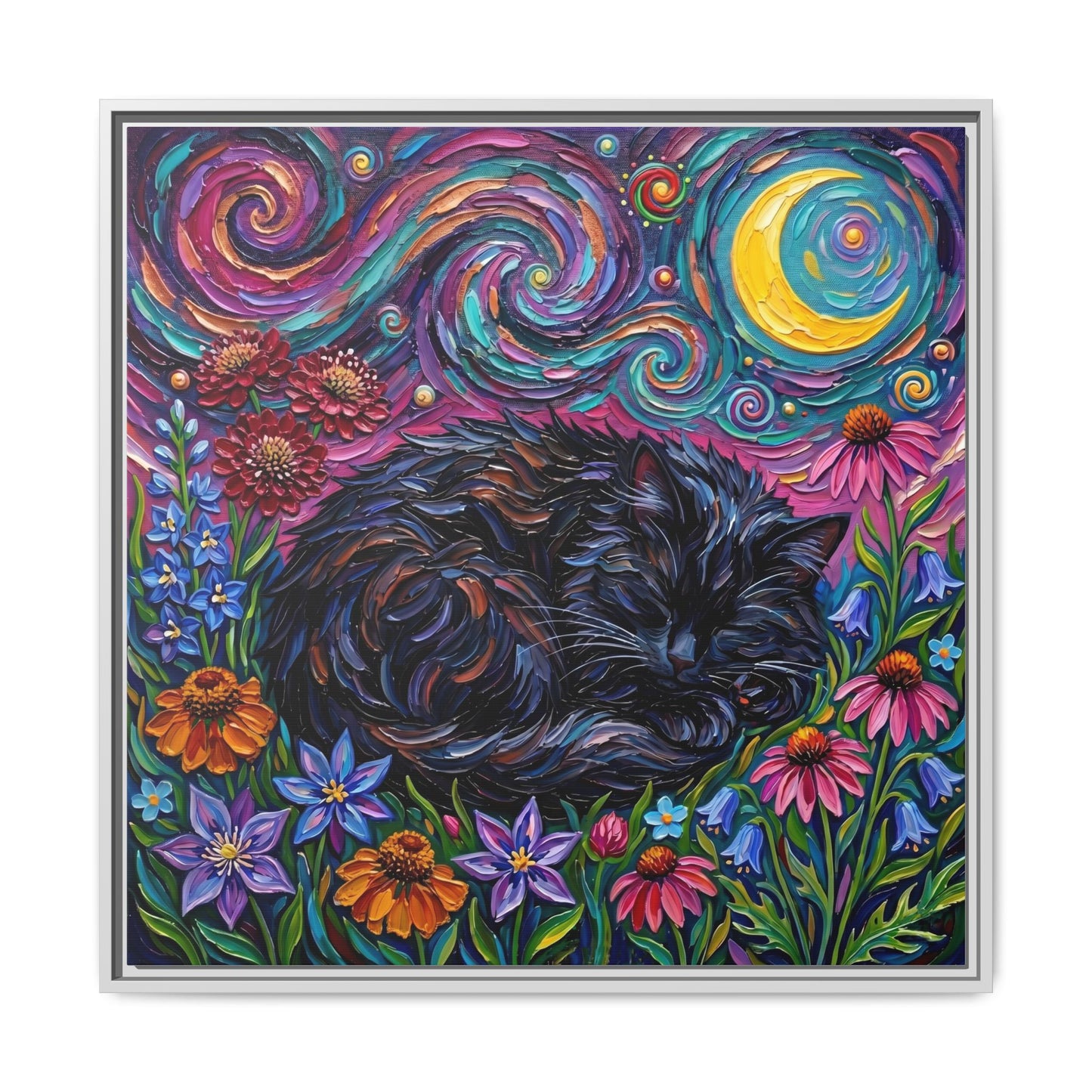 "Amongst The Flowers - Black Cat" Framed Canvas Wall Art