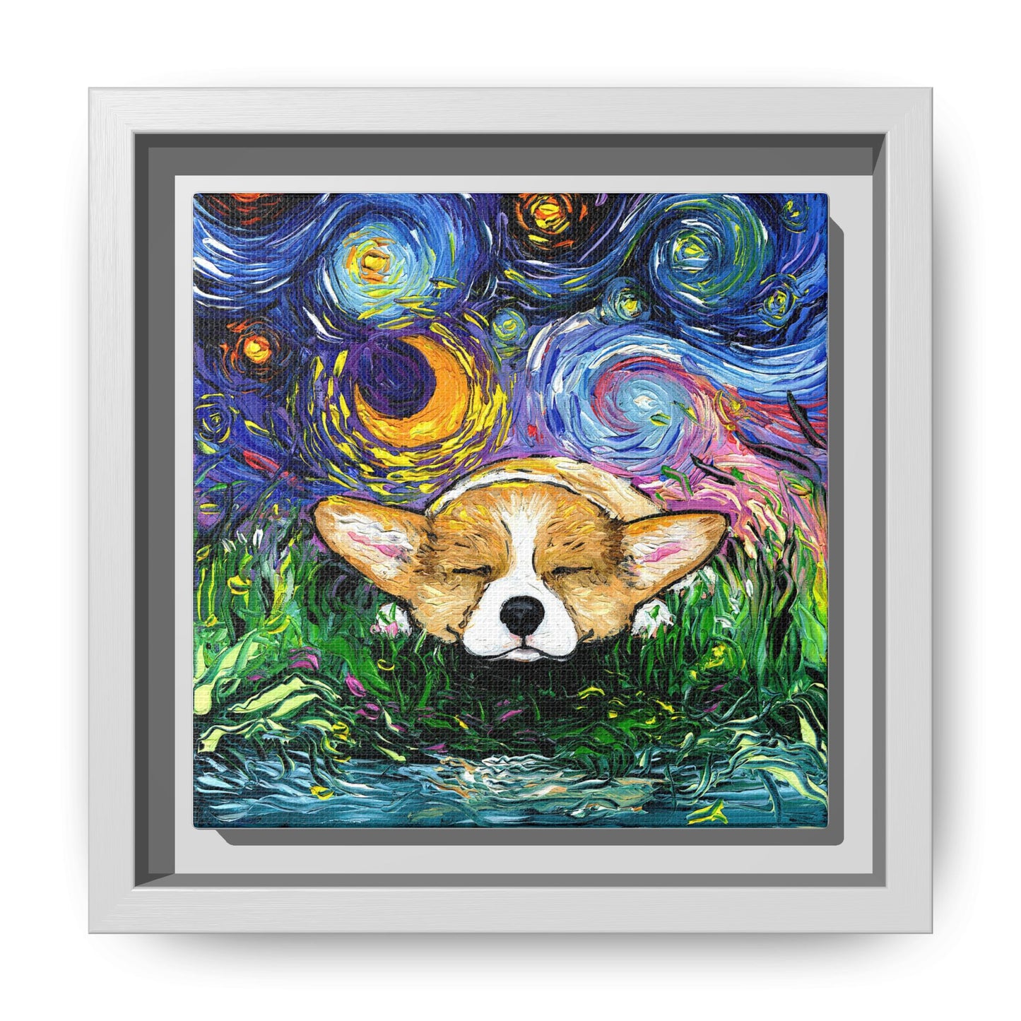 "Sleepy Corgi Night" Framed Canvas Wall Art