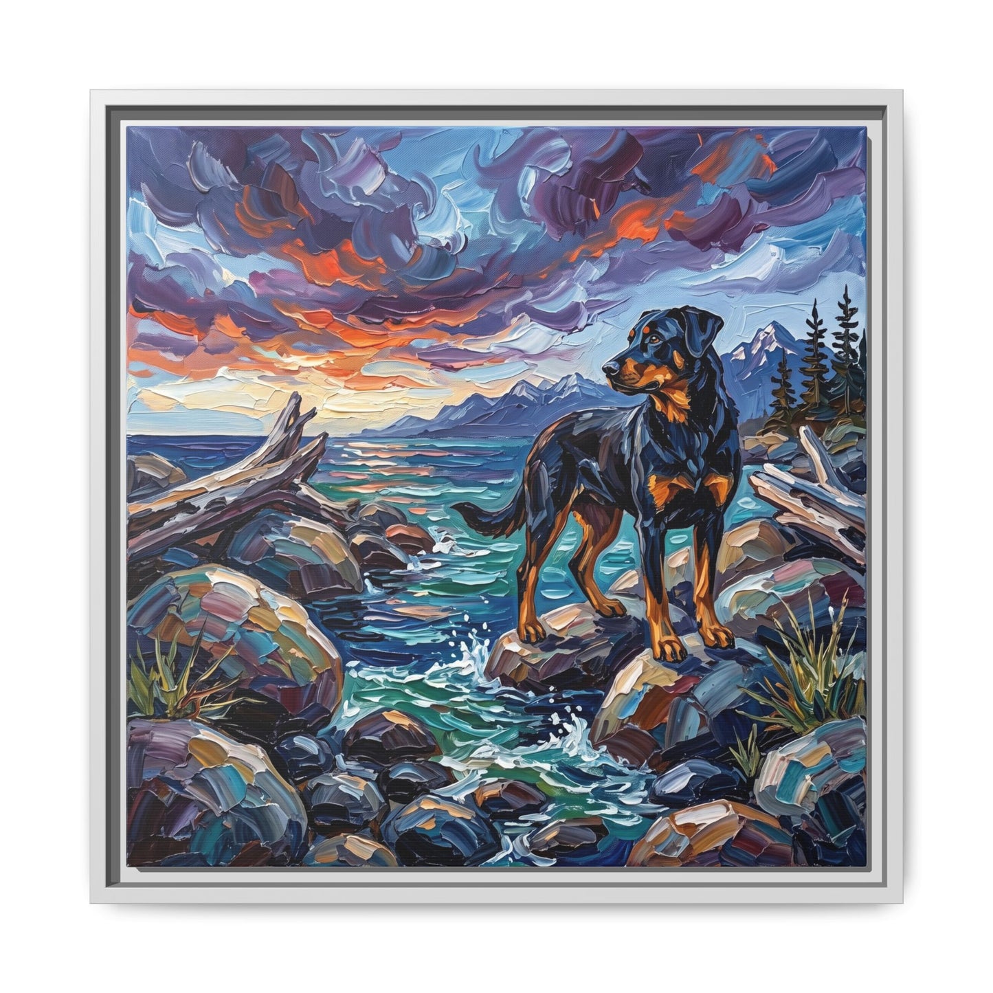 "Beach Day - Beauceron" Framed Canvas Wall Art