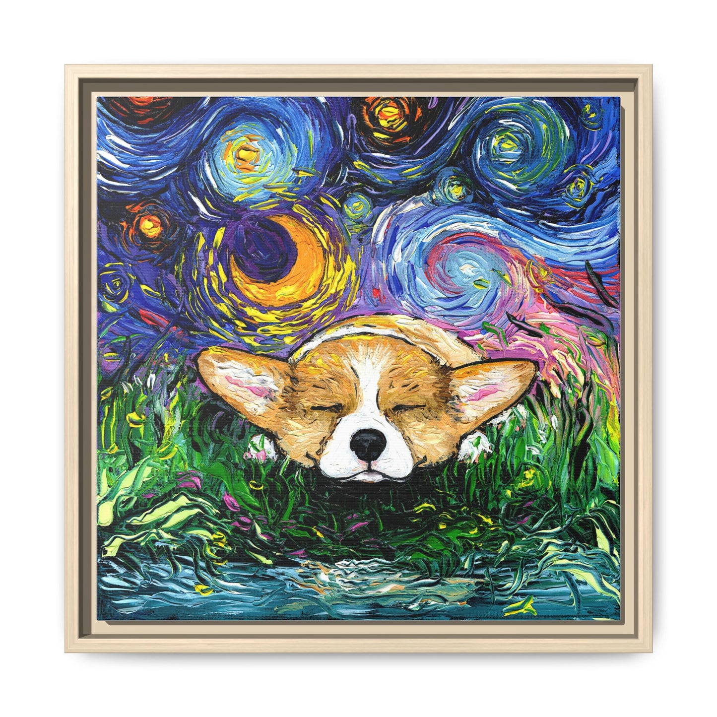 "Sleepy Corgi Night" Framed Canvas Wall Art