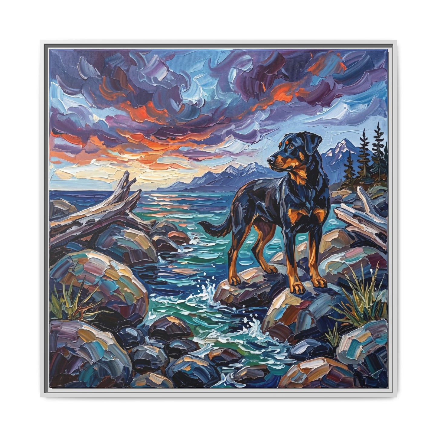 "Beach Day - Beauceron" Framed Canvas Wall Art