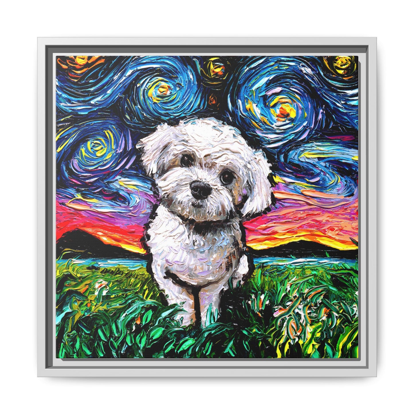 "Maltipoo Night" Framed Canvas Wall Art