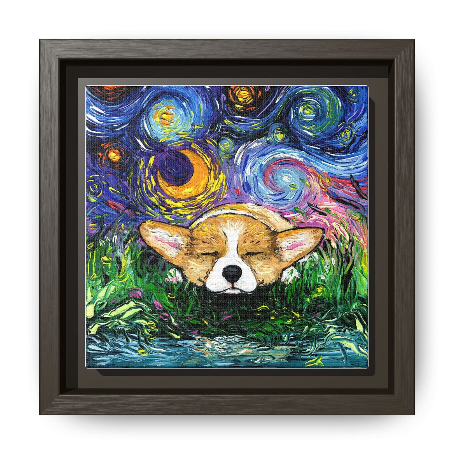 "Sleepy Corgi Night" Framed Canvas Wall Art