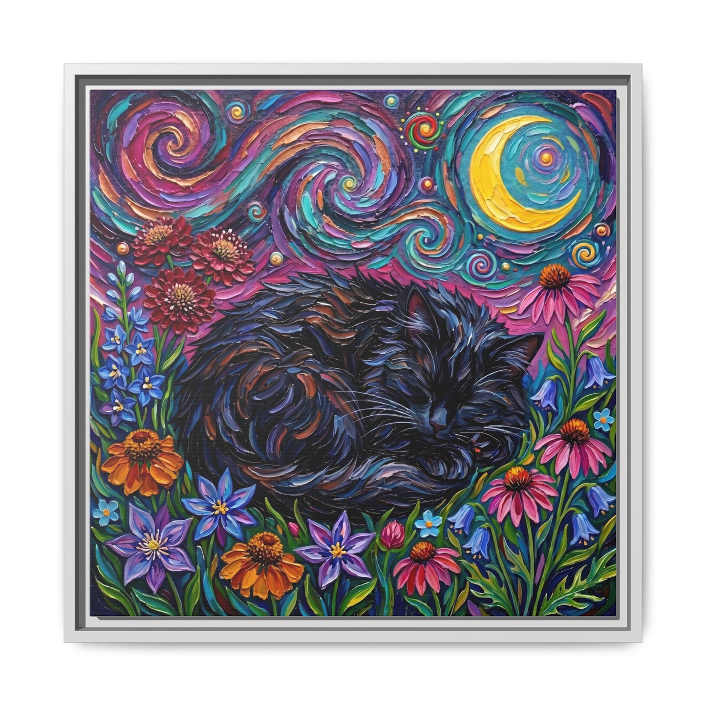 "Amongst The Flowers - Black Cat" Framed Canvas Wall Art