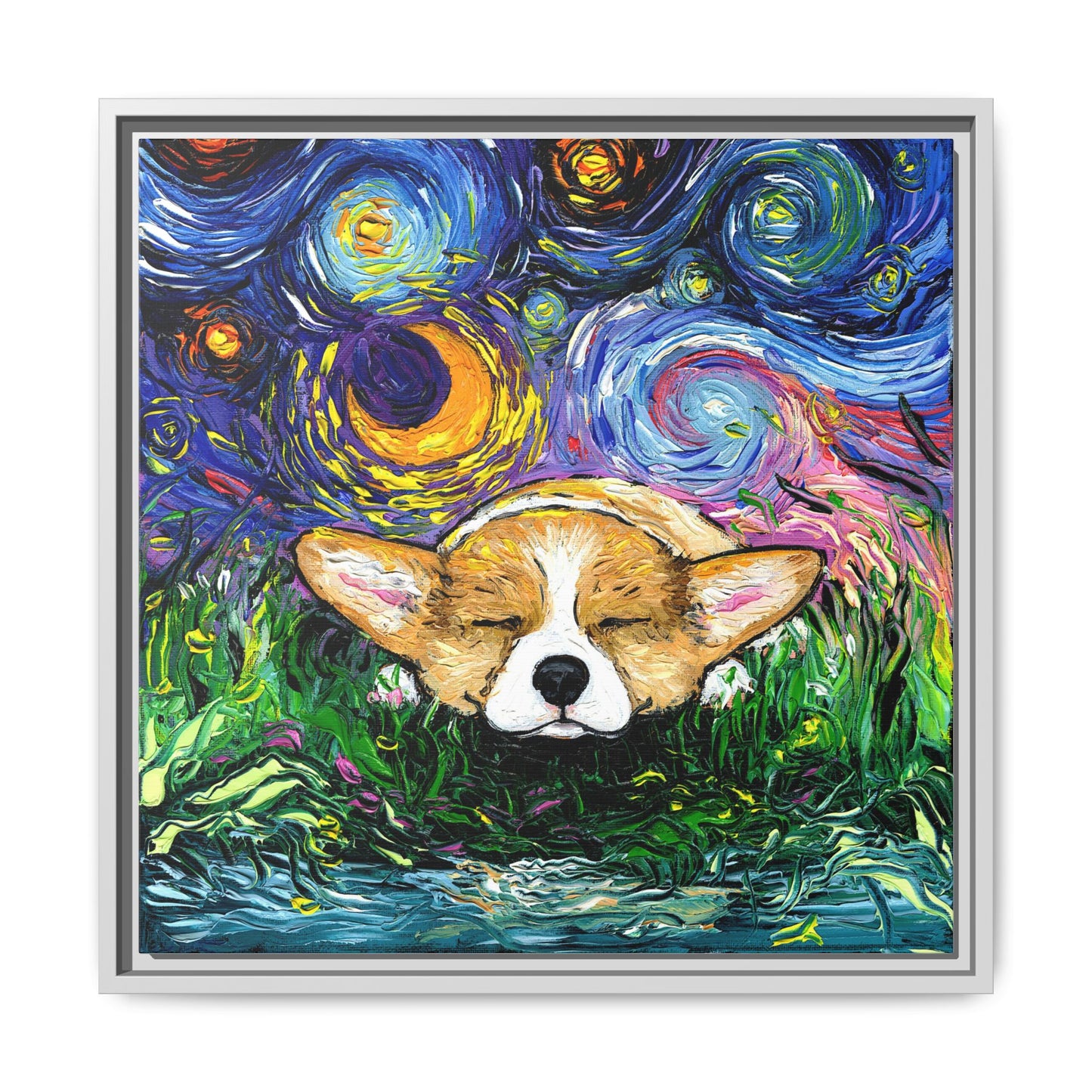 "Sleepy Corgi Night" Framed Canvas Wall Art