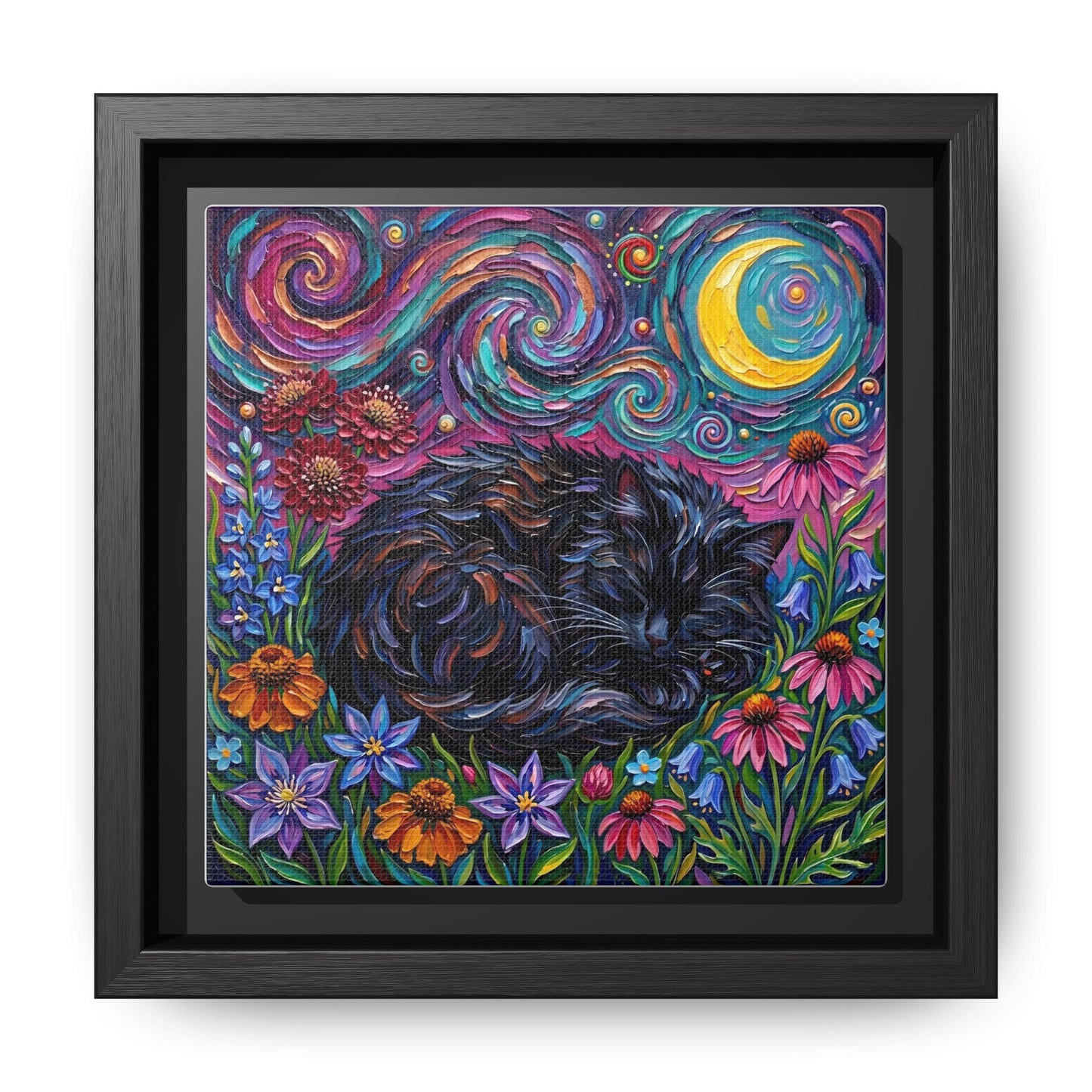 "Amongst The Flowers - Black Cat" Framed Canvas Wall Art