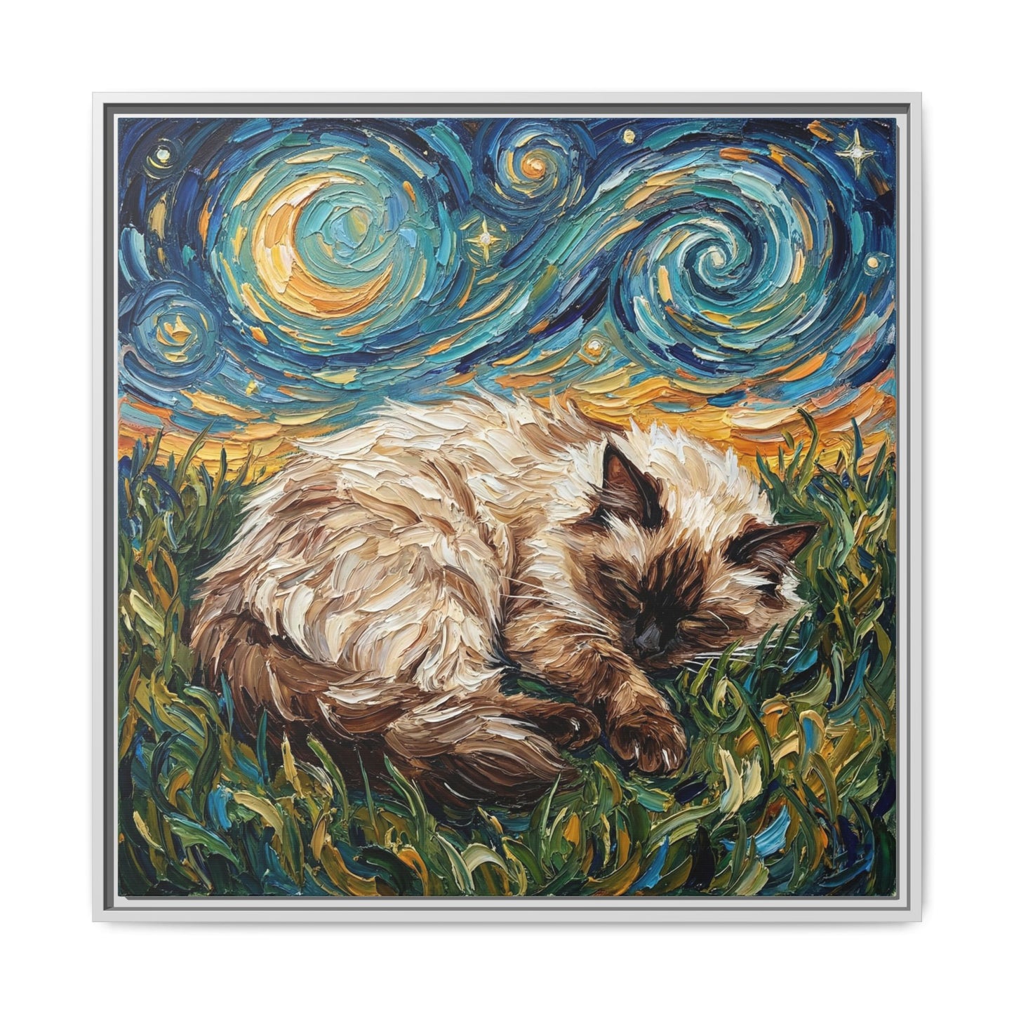 "Sleepy Himalayan Cat Night" Framed Canvas Wall Art