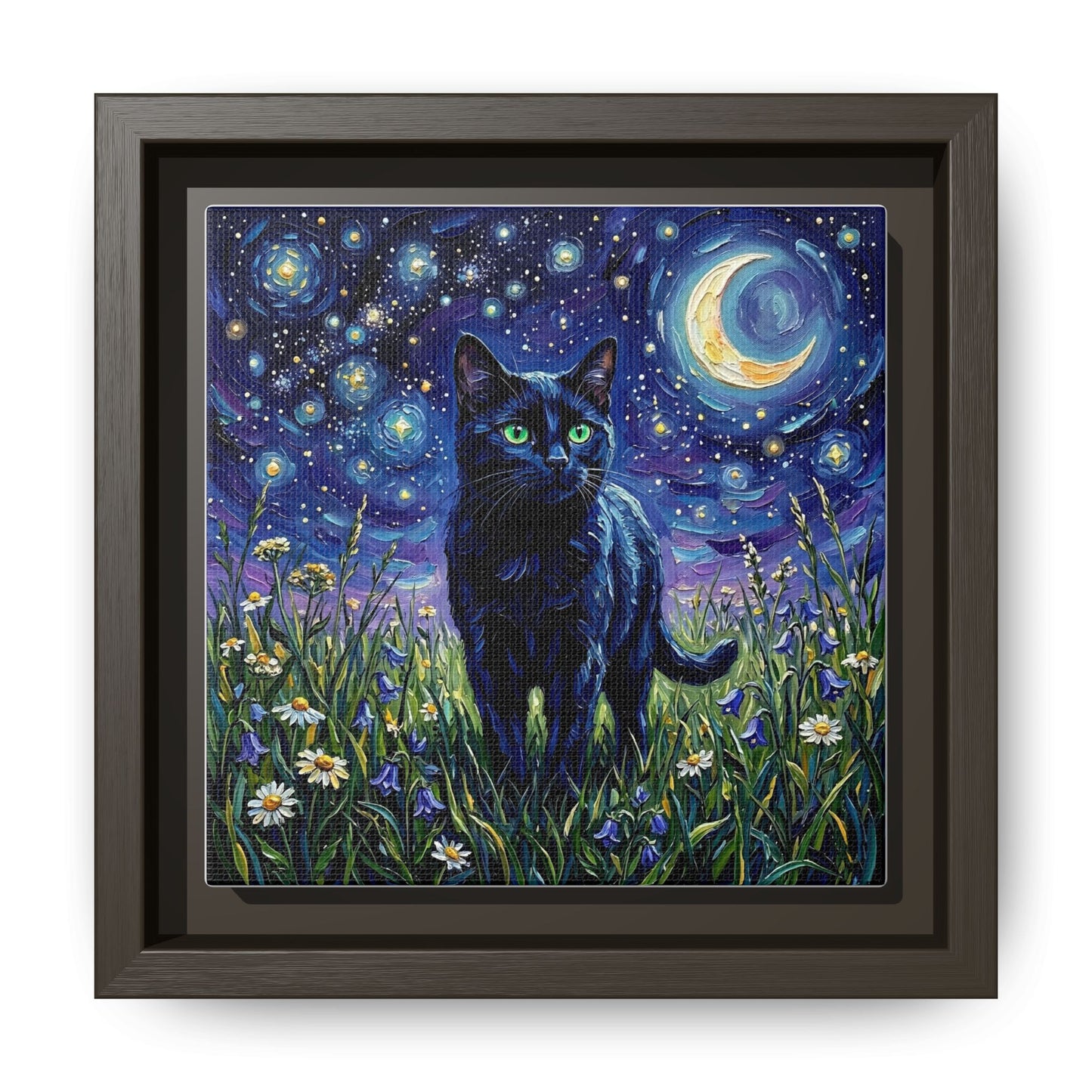 "Amongst The Flowers - Black Cat" Framed Canvas Wall Art